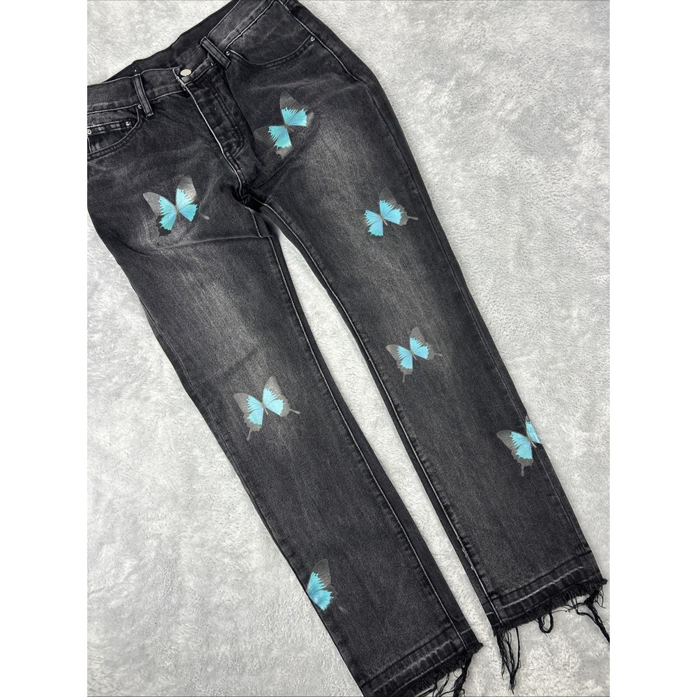 MNML Butterfly Jeans Size 30x32 Black Denim Raw Frayed Hem Straight Leg‎